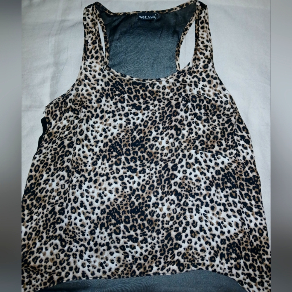 Wet Seal•Sheer Lepoard Print/Black Two Tone Racerback Tank Top (S)